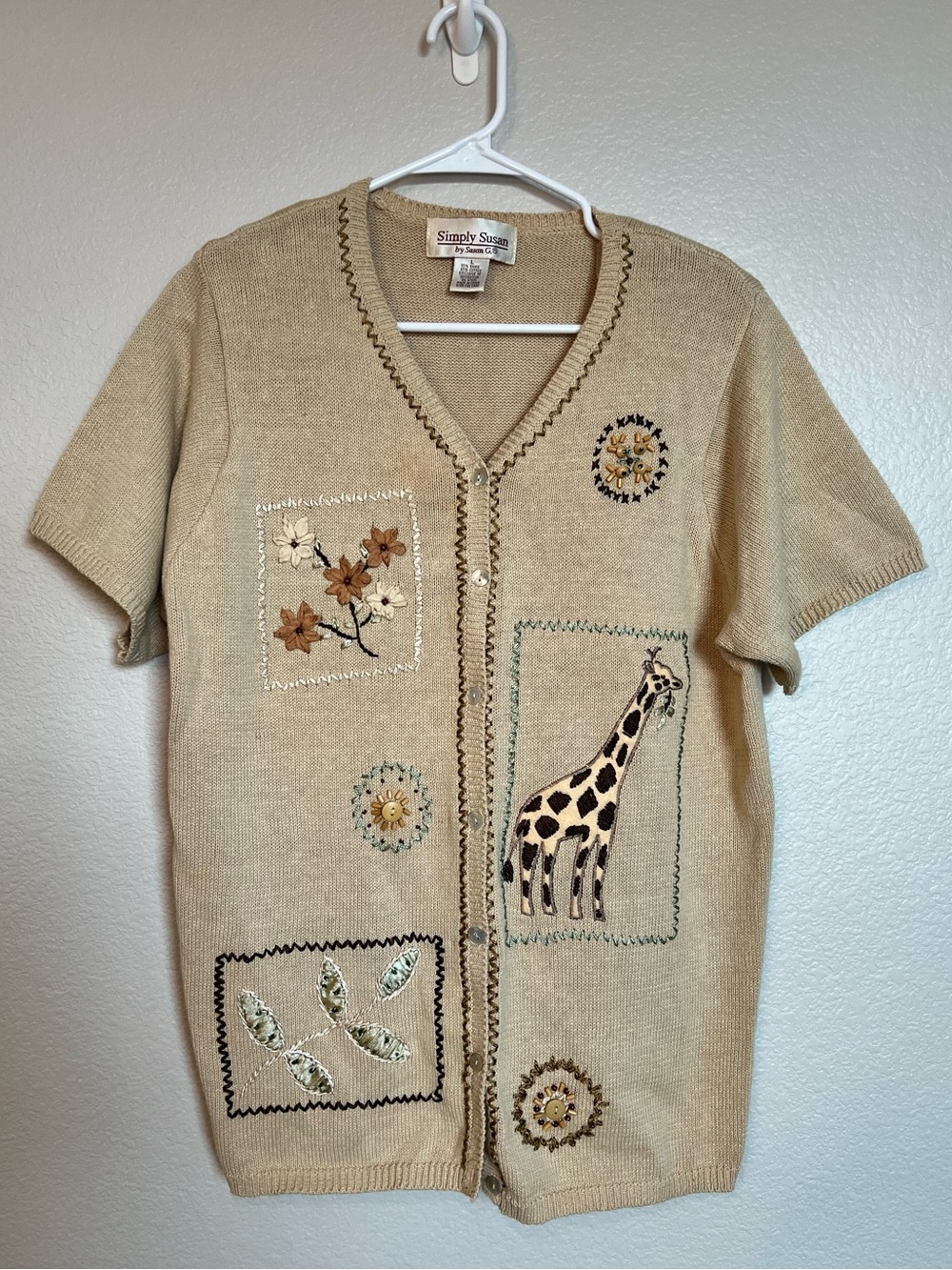 Vintage Simply Susan Giraffe Embroidered Cardigan Women’s L Y2K Novelty Knit